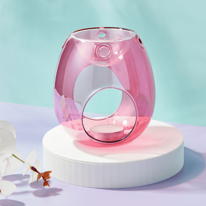 Glass wax burner for use with wax melts in rose pink