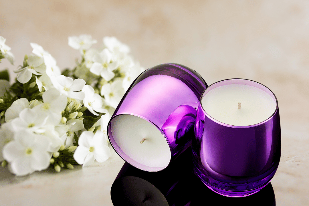 White Velvet Scented Candle in Shiny Purple Athena Glass