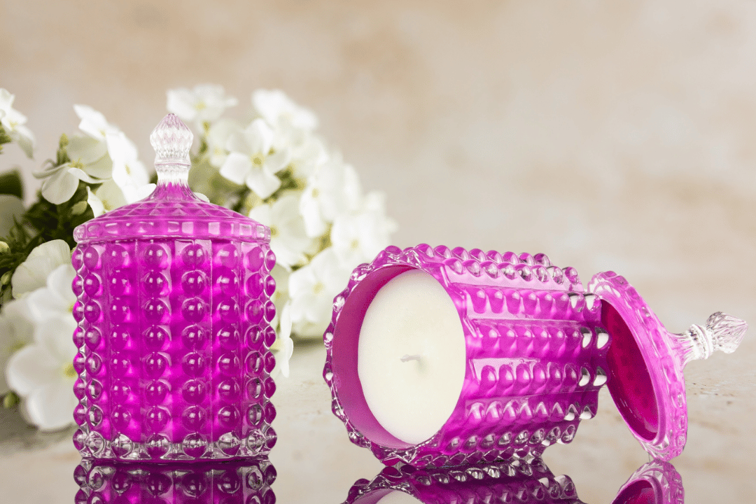 White Velvet Scented Candle in Magenta Purple Freya Glass