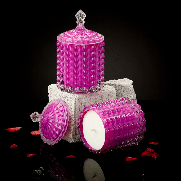 White Velvet Scented Candle in Magenta Purple Freya Glass