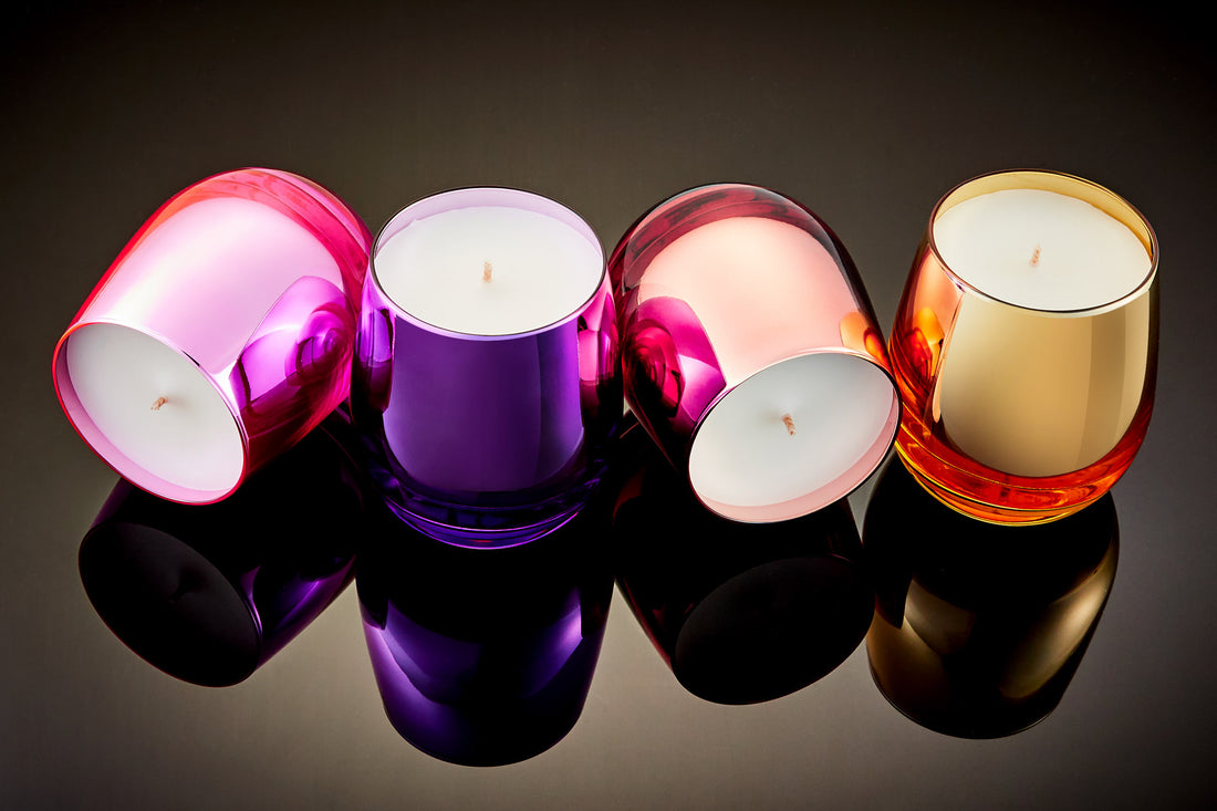 Luxury scented candle in Athena stemless glass with a beautiful glossy mirror finish. Available in Hot Pink, Shiny Purple, Rose Gold and Classic Gold.