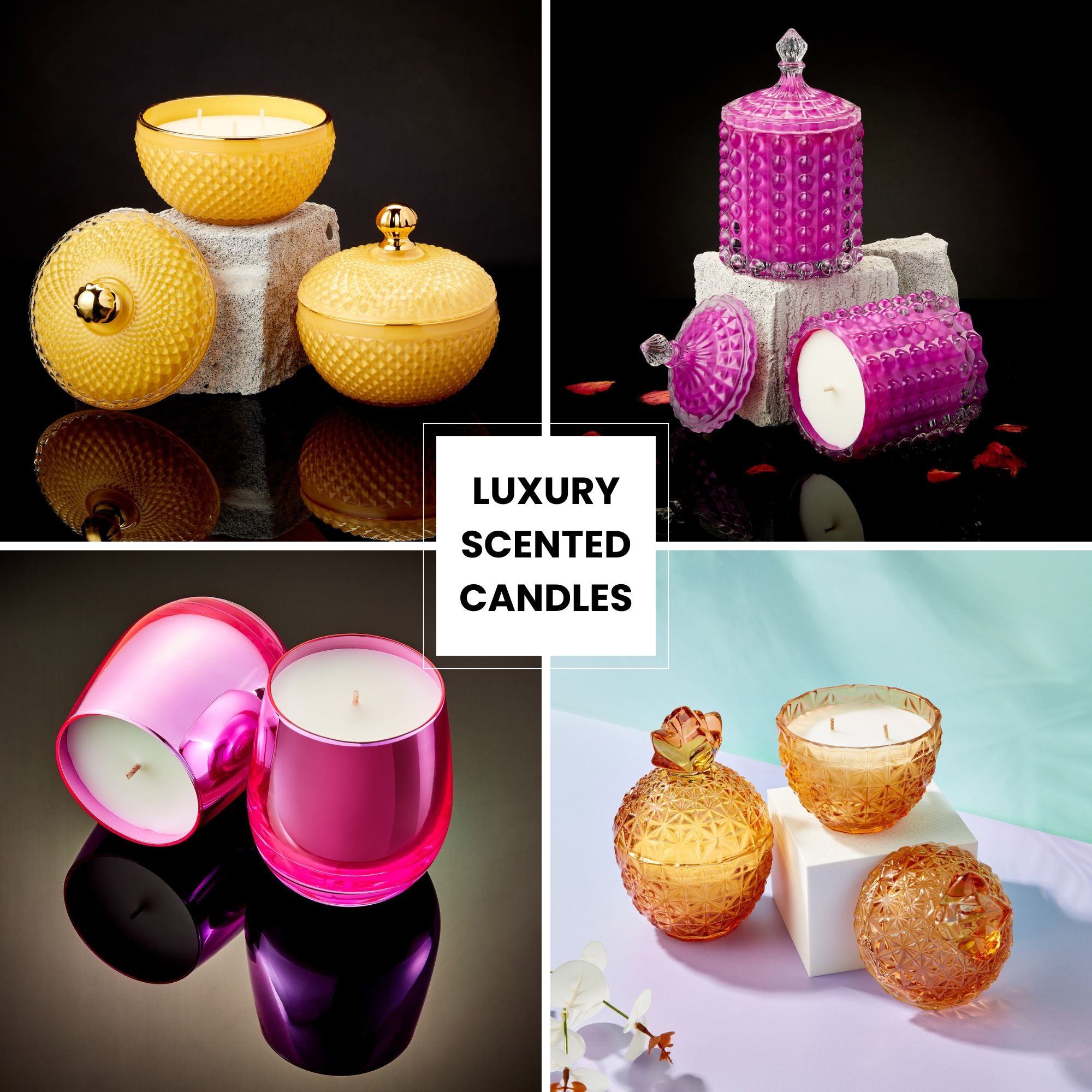 discover our luxury scented candle collections in stunning glassware, filled with long-lasting home scents